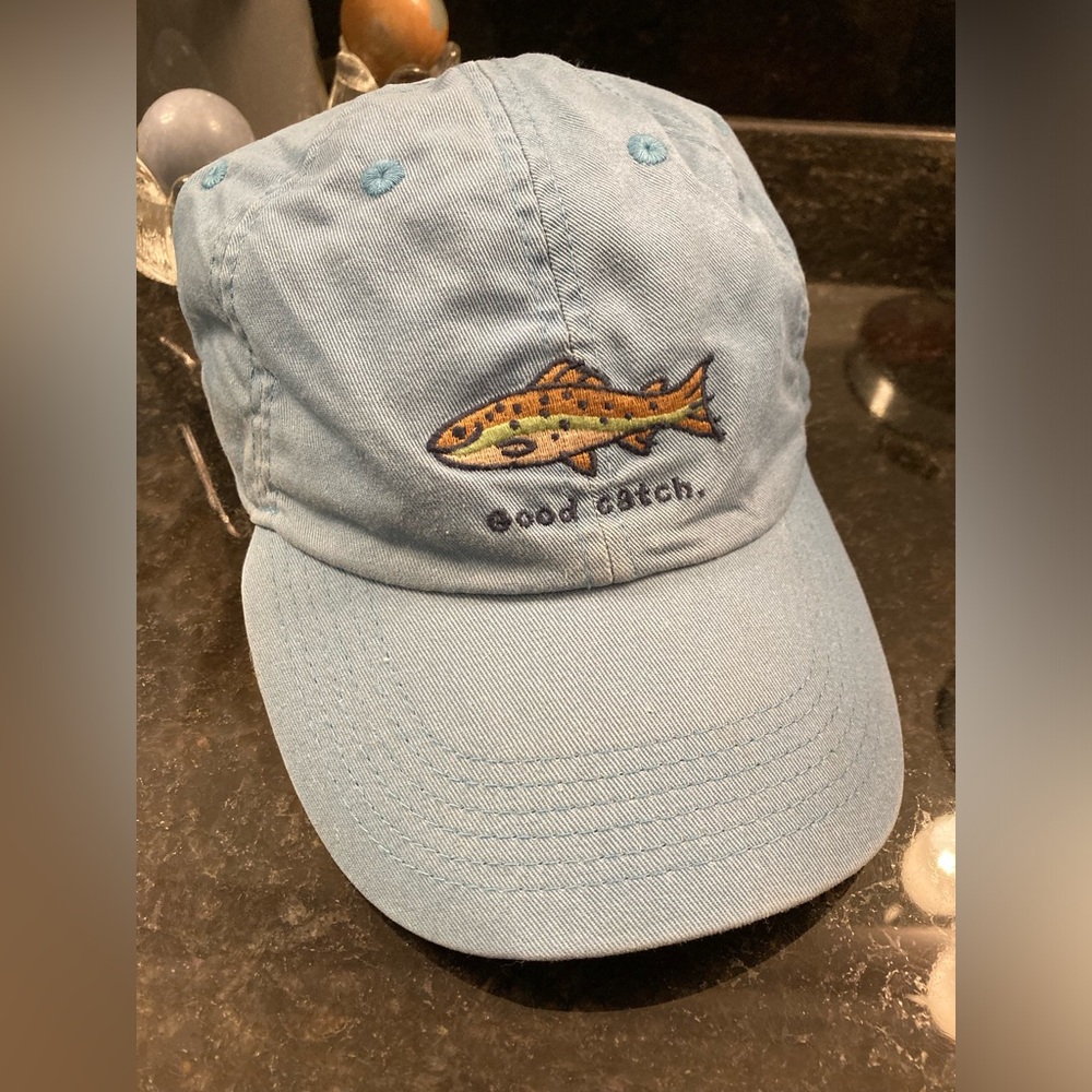 Life is Good Hat Light Blue Strapback Baseball Cap Fish Logo Good Catch Fishing